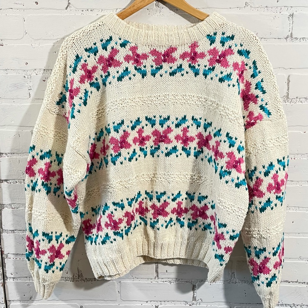 L.L. Bean Cream Crewneck Sweater with Pink and Teal Floral Fair Isle